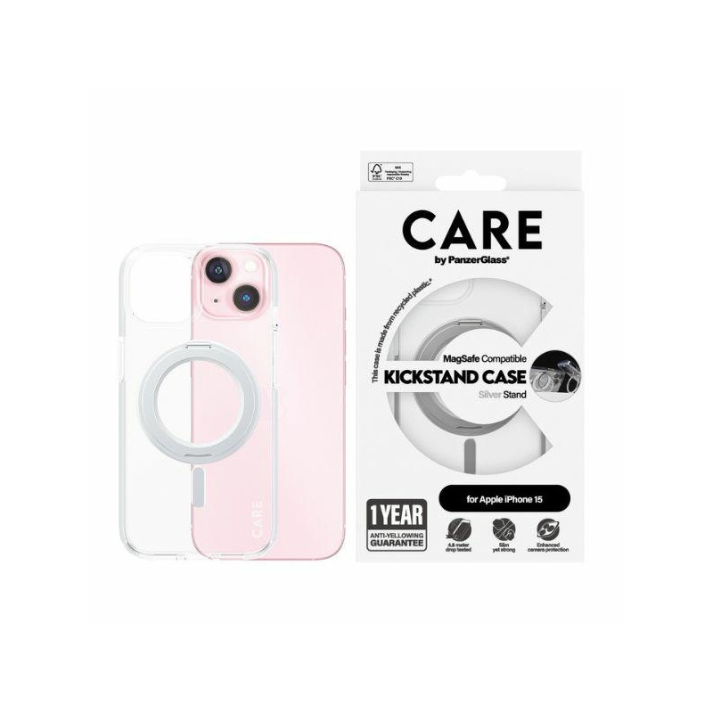 CARE by PanzerGlass Kickstand Dėklas MagSafe, skirtas iPhone 15 – sidabrinis