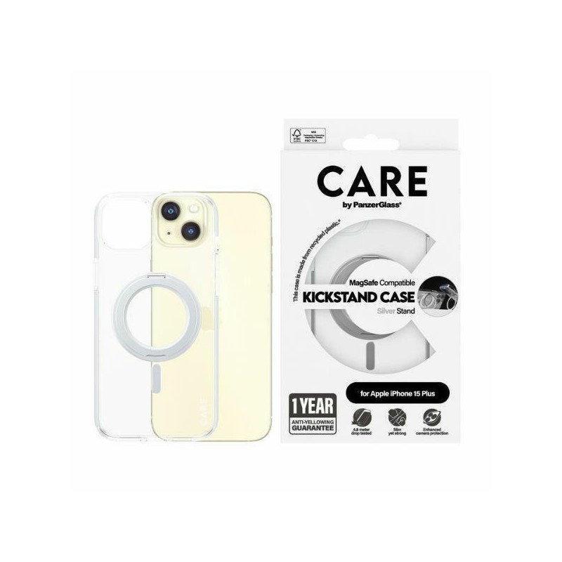 CARE by PanzerGlass Kickstand Case MagSafe iPhone 15 Plus – sidabrinis