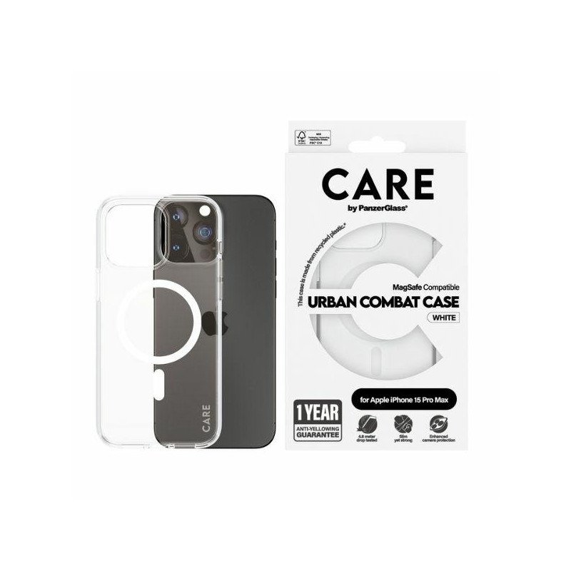 CARE by PanzerGlass Urban Combat Case MagSafe, skirtas iPhone 15 Pro Max – baltas