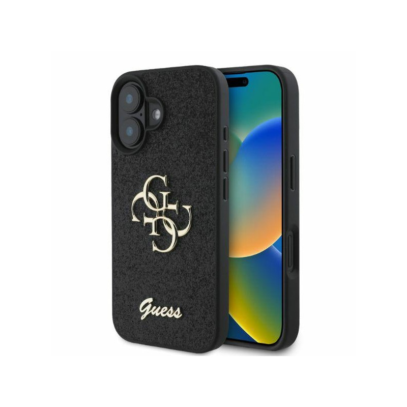 Guess Fixed Glitter Big 4G dėklas iPhone 16 - juodas
