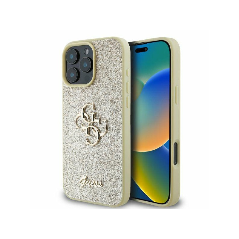 Guess Fixed Glitter Big 4G dėklas, skirtas iPhone 16 Pro Max - auksinis
