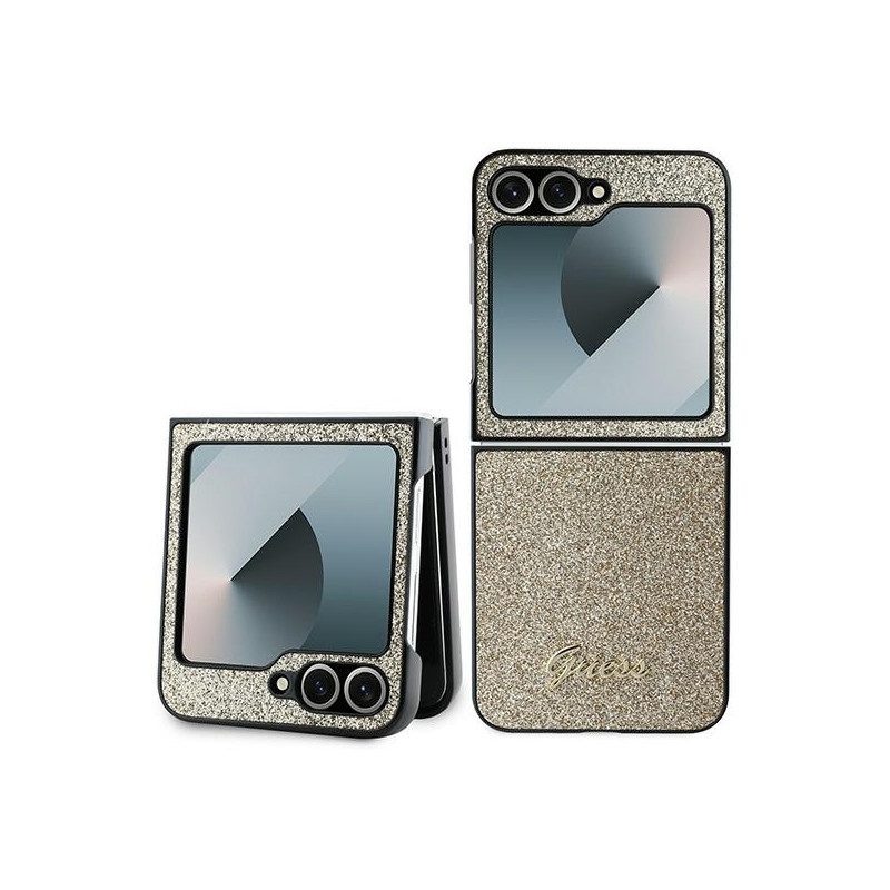 Guess 4G Glitter Script dėklas, skirtas Samsung Galaxy Z Flip 6 - auksinis