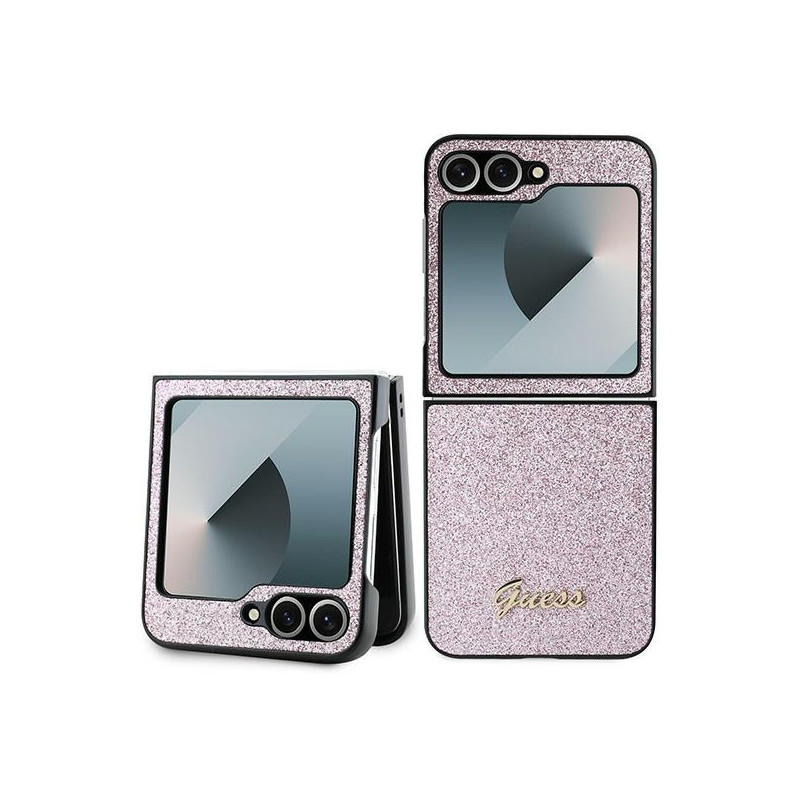 Guess 4G Glitter Script dėklas, skirtas Samsung Galaxy Z Flip 6 - rožinis