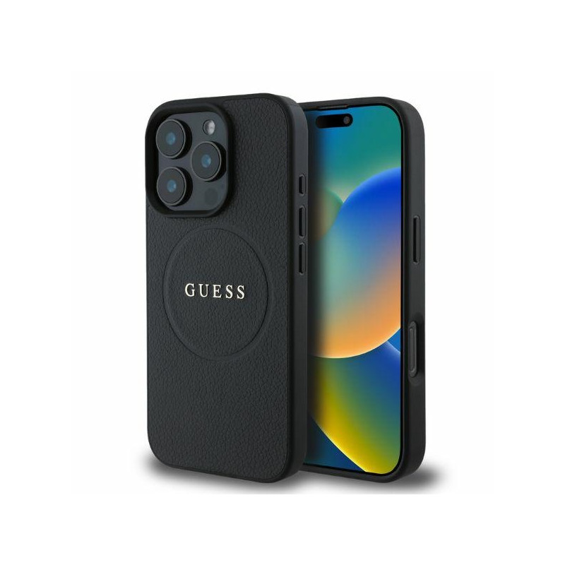 Guess Grained Gold Ring MagSafe dėklas iPhone 16 Pro - juodas