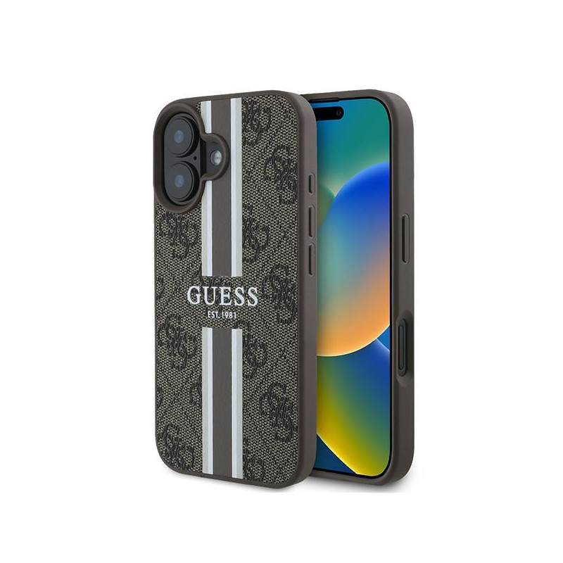 Guess 4G Printed Stripes MagSafe dėklas iPhone 16 Plus - rudas