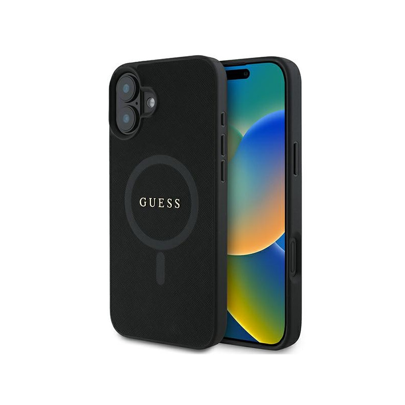 Guess Saffiano Classic Logo MagSafe dėklas iPhone 16 Plus - juodas
