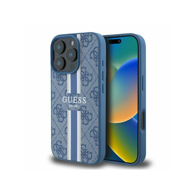Guess 4G Printed Stripes MagSafe dėklas iPhone 16 Pro Max - mėlynas