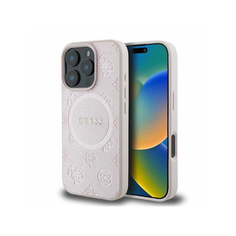 Guess Saffiano Peony Classic Logo MagSafe dėklas iPhone 16 Pro Max - rožinis