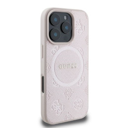 Guess Saffiano Peony Classic Logo MagSafe dėklas iPhone 16 Pro Max - rožinis