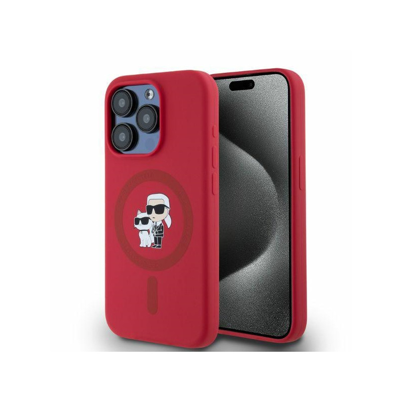 Karl Lagerfeld Silikoninis Karl&Choupette Heads Ring MagSafe dėklas skirtas iPhone 15 Pro - raudonas