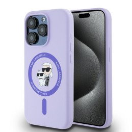 Karl Lagerfeld Silikoninis Karl&Choupette Heads Ring MagSafe dėklas skirtas iPhone 15 Pro - violetinė