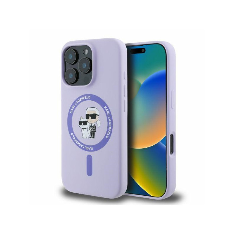 Karl Lagerfeld Silikoninis Karl&Choupette Heads Ring MagSafe dėklas skirtas iPhone 16 Pro - violetinė