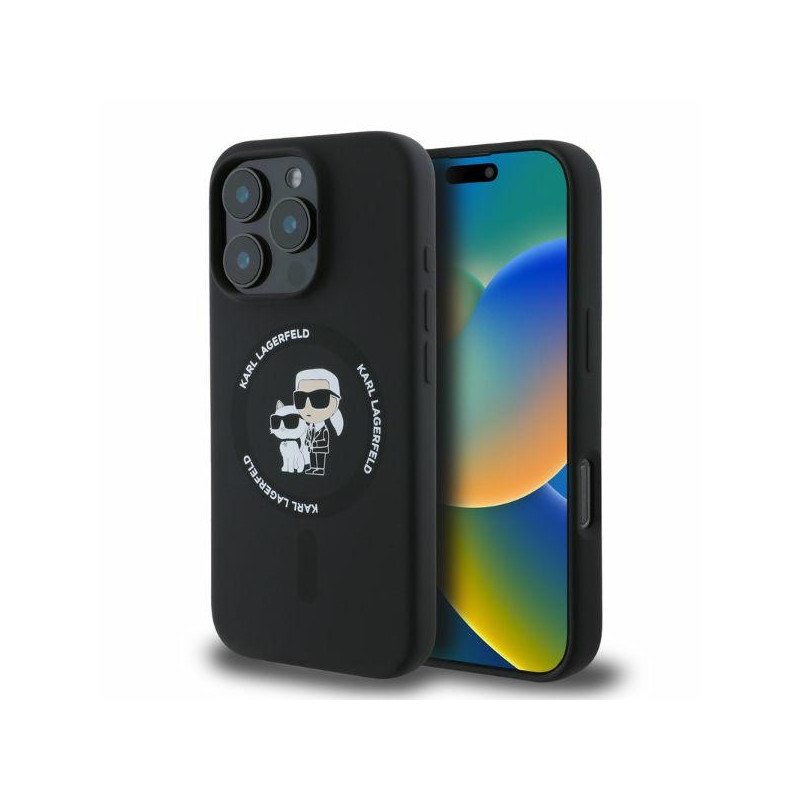 Karl Lagerfeld Silikoninis Karl&Choupette Heads Ring MagSafe dėklas skirtas iPhone 16 Pro Max - juodas