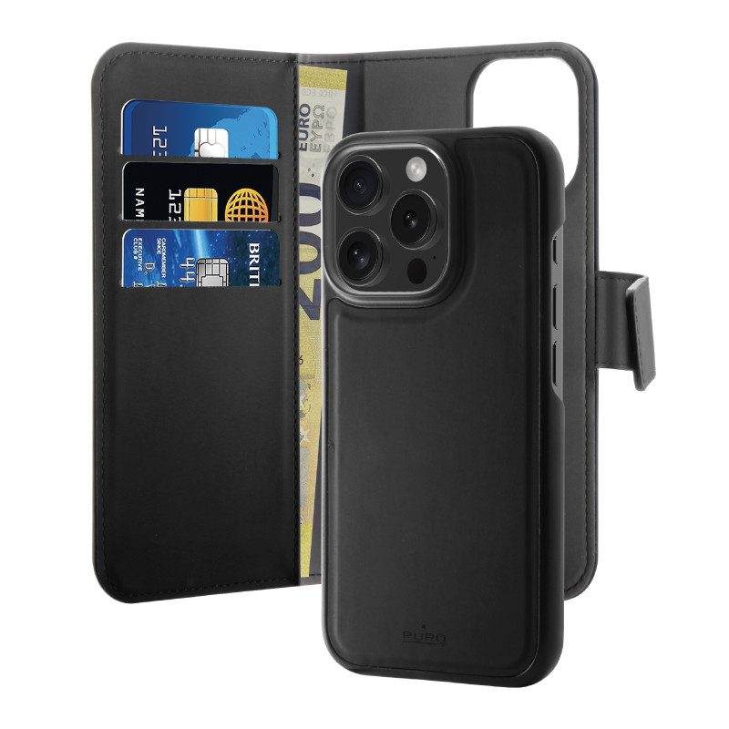 Puro Wallet Nuimamas MagSafe 2in1 ekologiškos odos dėklas su atvartu ir pinigine, skirtas iPhone 16 Pro Max - juodas