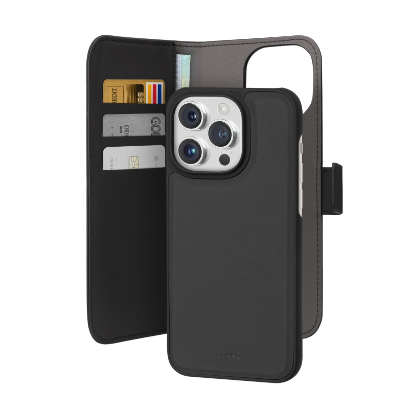 Puro Wallet Nuimamas MagSafe 2in1 ekologiškos odos dėklas su atvartu ir pinigine, skirtas iPhone 15 Pro Max - juodas