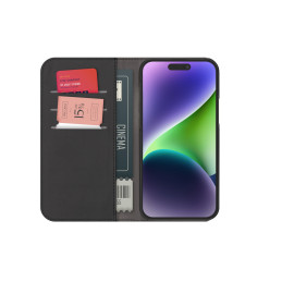 Puro Wallet Nuimamas MagSafe 2in1 ekologiškos odos dėklas su atvartu ir pinigine, skirtas iPhone 15 Pro Max - juodas