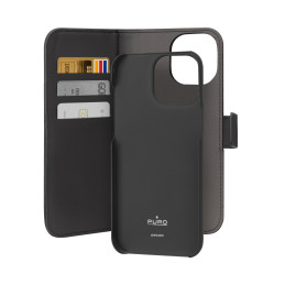 Puro Wallet Nuimamas MagSafe 2in1 ekologiškos odos dėklas su atvartu ir pinigine, skirtas iPhone 15 Pro Max - juodas