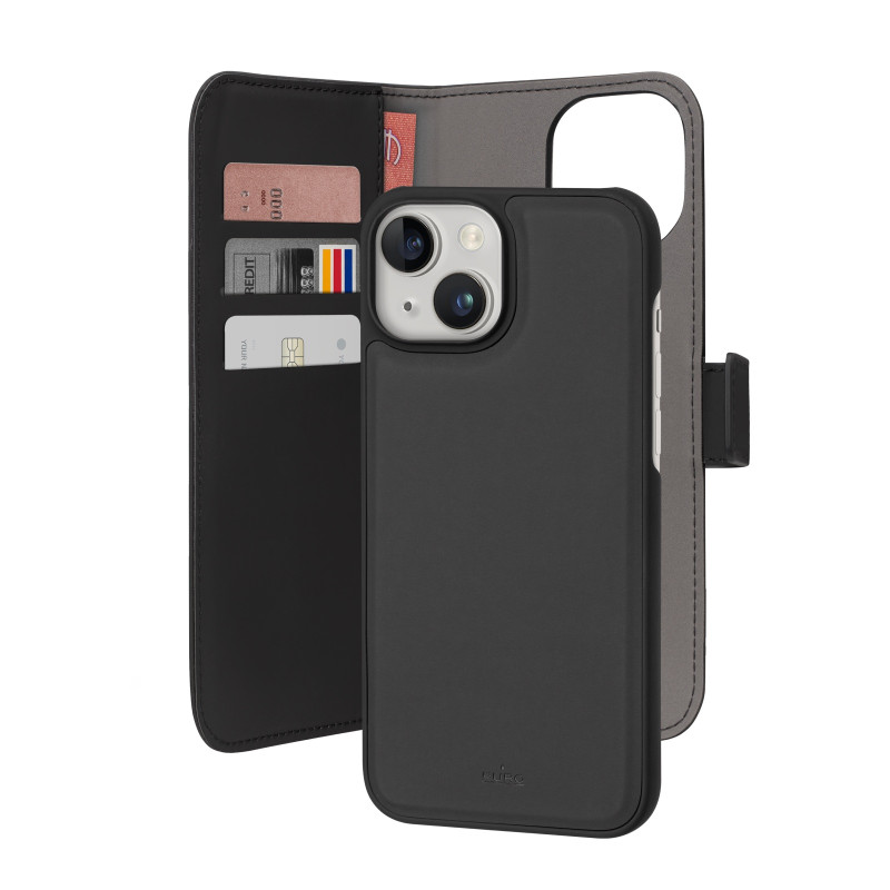Puro Wallet Nuimamas MagSafe 2in1 ekologiškos odos dėklas su atvartu ir pinigine iPhone 15 - juoda