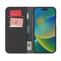 Puro Wallet Nuimamas MagSafe 2in1 ekologiškos odos dėklas su atvartu ir pinigine iPhone 15 - juoda