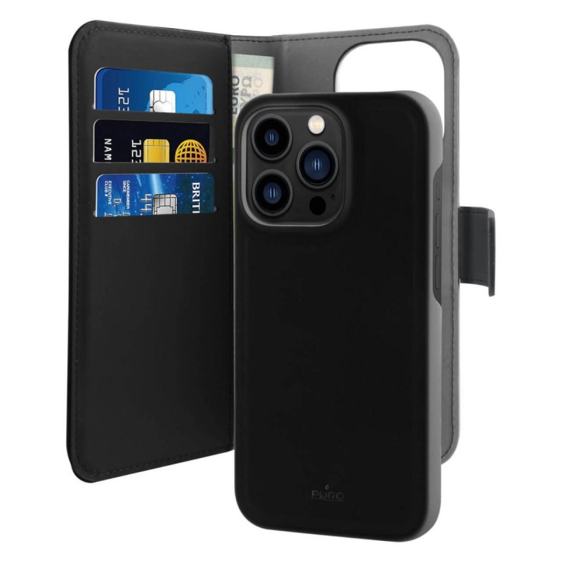 Puro Wallet Nuimamas MagSafe 2in1 ekologiškos odos dėklas su atvartu ir pinigine, skirtas iPhone 14 Pro Max - juodas