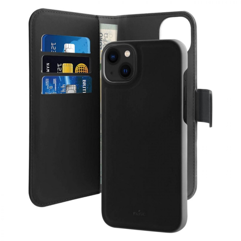 Puro Wallet Nuimamas MagSafe 2in1 ekologiškos odos dėklas su atvartu ir pinigine iPhone 14/ 13 - juoda
