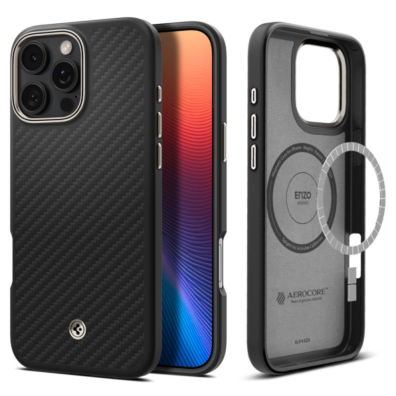 Spigen Enzo Aramid Mag dėklas su MagSafe, skirtas iPhone 16 Pro Max – matinė juoda