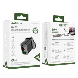 Acefast A99 30W GaN USB-C + USB-A sieninis įkroviklis (JK) – juodas
