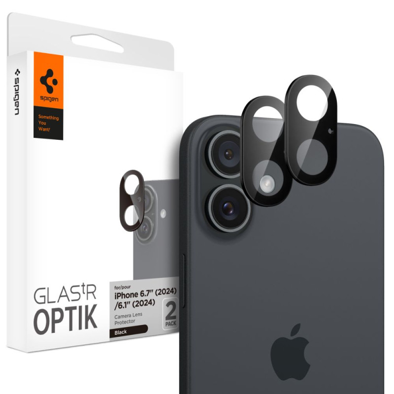 Spigen Optik GLAS.TR fotoaparato apsauga 2-PACK, skirta iPhone 16 / 16 PLUS - juoda