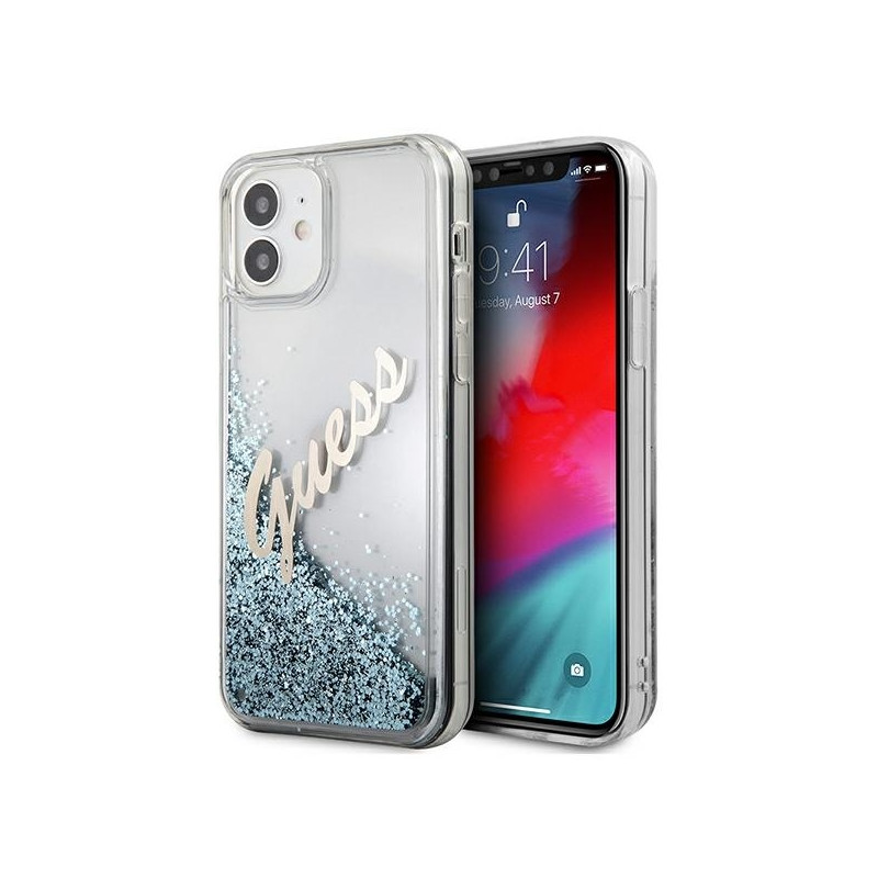 Guess Glitter Vintage Script dėklas iPhone 12 mini - mėlynas