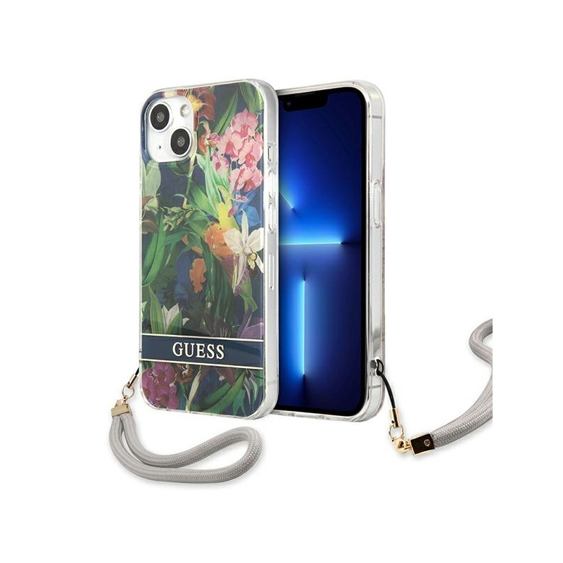 Guess Flower Strap dėklas iPhone 13 - mėlynas