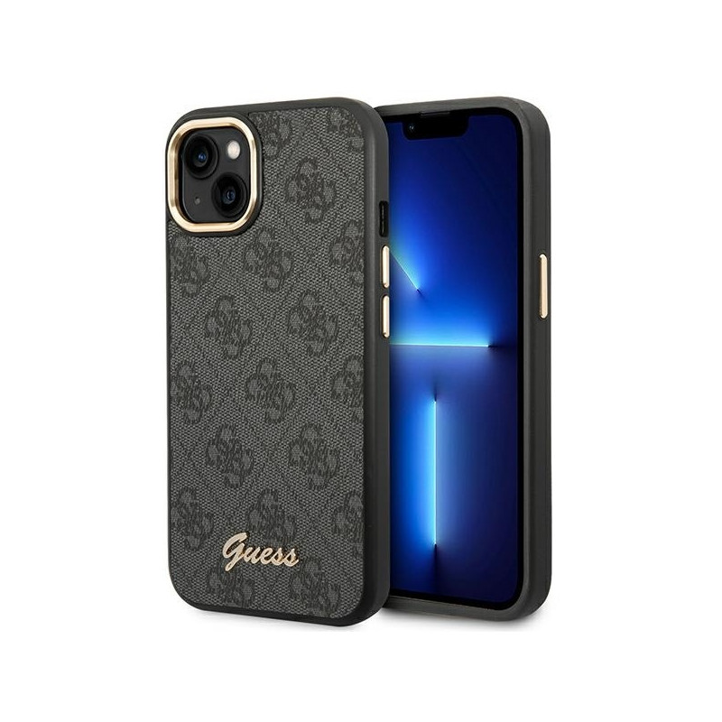 Guess 4G Vintage Gold Logo dėklas, skirtas iPhone 14 Plus - juodas