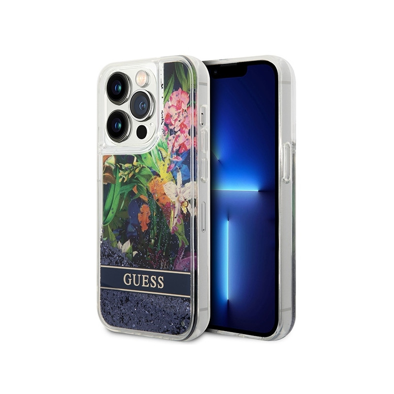 Guess Flower Liquid Glitter dėklas, skirtas iPhone 14 Pro Max - mėlynas