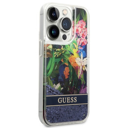 Guess Flower Liquid Glitter dėklas, skirtas iPhone 14 Pro Max - mėlynas
