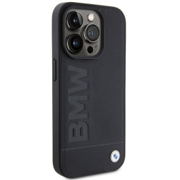 BMW Leather Hot Stamp dėklas iPhone 15 Pro - juodas
