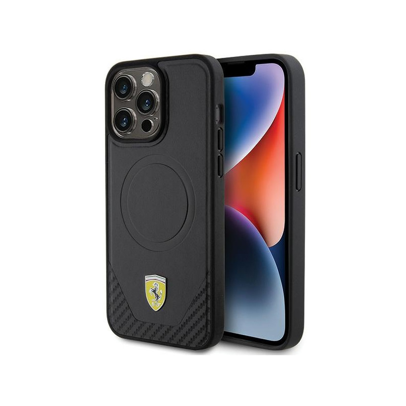 Ferrari Carbon Metal Logo MagSafe dėklas, skirtas iPhone 15 Pro Max - juodas