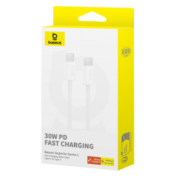 „Baseus Superior Series ll“ USB-C – USB-C 30 W 480 Mb/ s laidas, 1 m – baltas