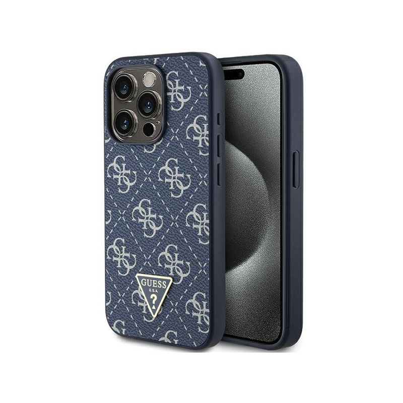 Guess 4G Triangle Metal Logo dėklas, skirtas iPhone 15 Pro - mėlynas