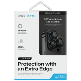 UNIQ Optix aliuminio fotoaparato objektyvo apsauga iPhone 15 Pro fotoaparato objektyvui su aplikatoriumi - juoda