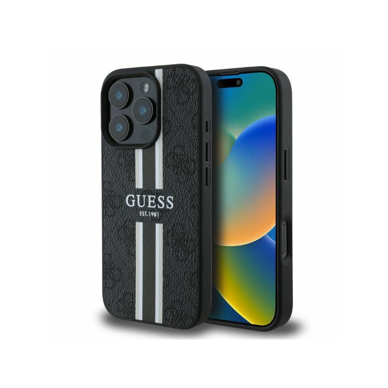 Guess 4G Printed Stripes MagSafe dėklas iPhone 16 Pro - juodas