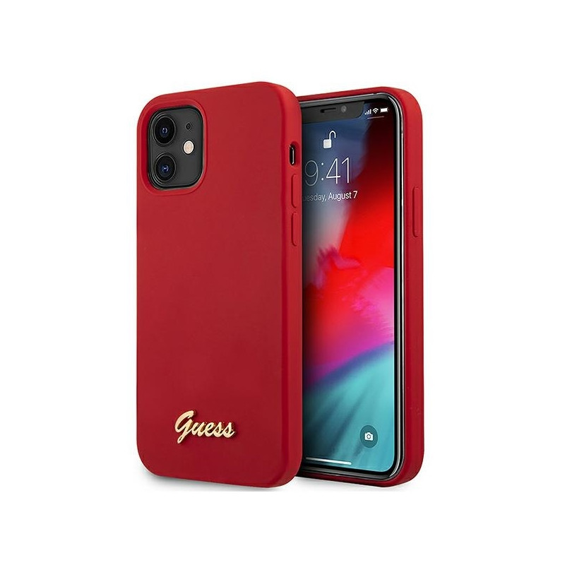 Guess Metal Logo Script dėklas iPhone 12 mini - raudonas