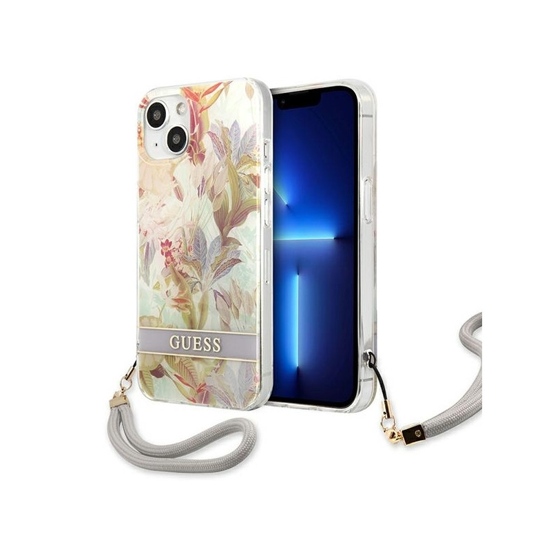 Guess Flower Strap dėklas iPhone 13 mini - violetinis