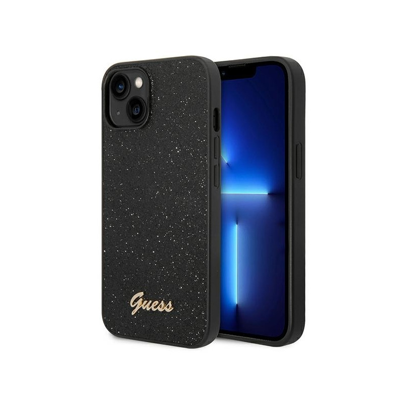 Guess Glitter Script dėklas iPhone 14 Plus - juodas