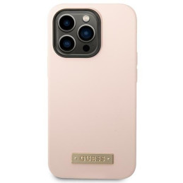 Guess Silicone Logo Plate MagSafe dėklas iPhone 14 Pro Max - rožinis