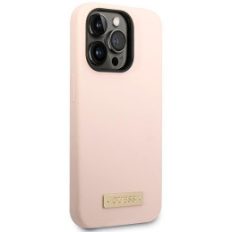 Guess Silicone Logo Plate MagSafe dėklas iPhone 14 Pro Max - rožinis