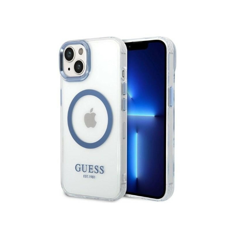 Guess Metal Outline MagSafe dėklas iPhone 14 Plus - mėlynas