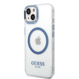 Guess Metal Outline MagSafe dėklas iPhone 14 Plus - mėlynas
