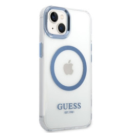 Guess Metal Outline MagSafe dėklas iPhone 14 Plus - mėlynas