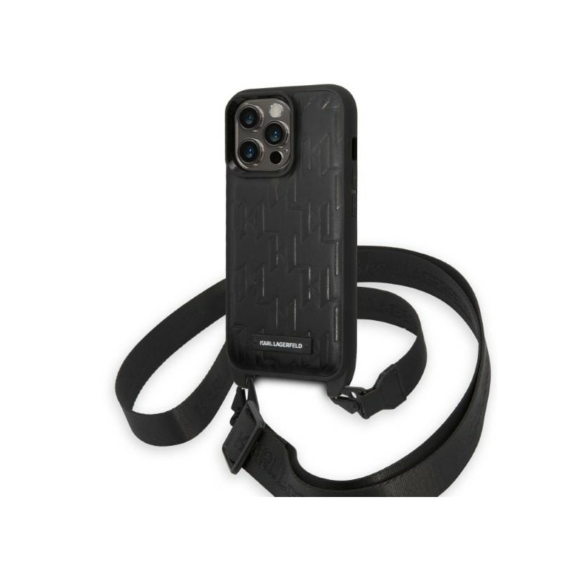 Karl Lagerfeld Monogram Plaque Logo Strap dėklas iPhone 14 Pro - juodas
