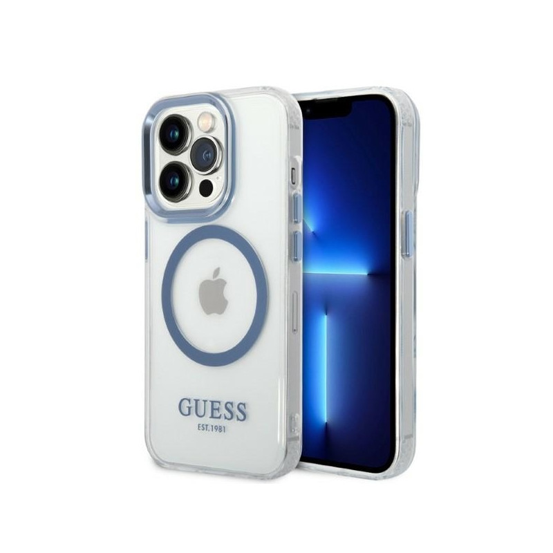 Guess Metal Outline Magsafe dėklas, skirtas iPhone 14 Pro Max - mėlynas