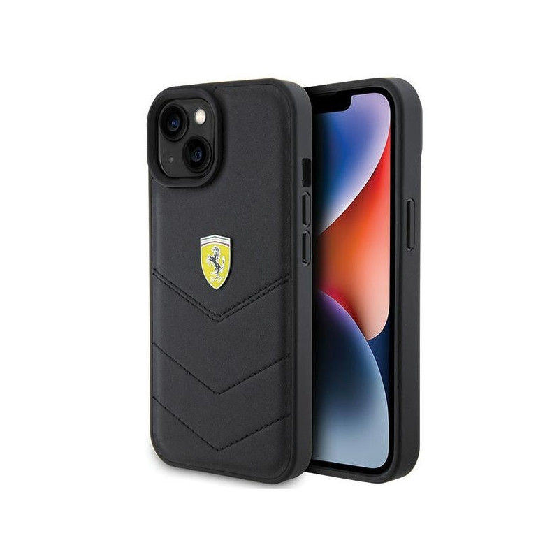 Ferrari Quilted Metal Logo dėklas iPhone 15 - juodas